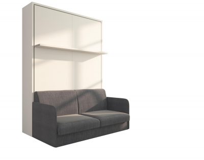 Un letto a scomparsa dalle linee moderne con divano e mensola, adatto a tutti i gusti di arredo