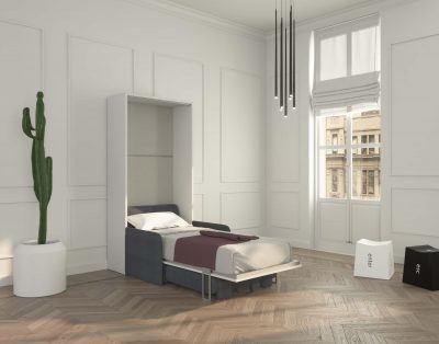 Letto singolo a scomparsa con divano braccioli stretti e vano contenitore sotto la seduta