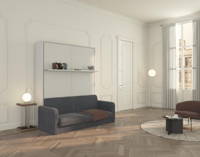 Il mobile in legno e il divano del letto a scomparsa Brezza 160 nascondono un letto matrimoniale davvero comodo