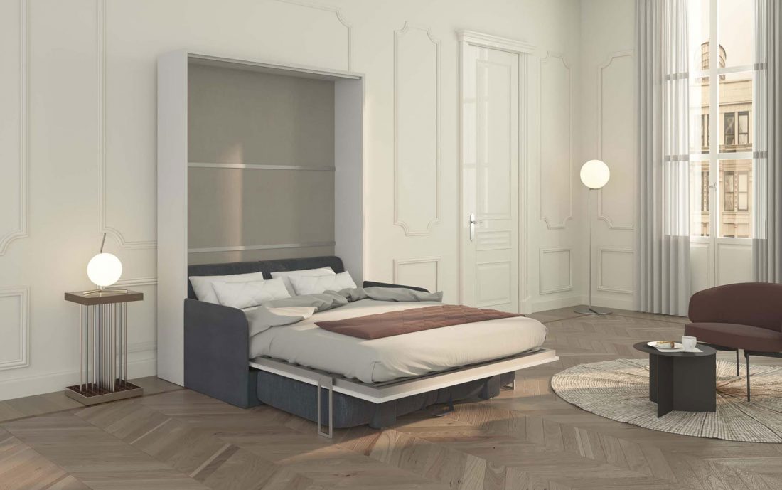 Piuma Sofa 140 verticale con divano contenitore e letto aperti per la notte