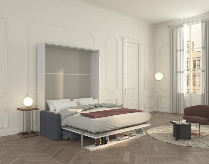 Il comodo letto a scomparsa matrimoniale si apre rapidamente e senza sforzo grazie al movimento automatico di divano e mensola