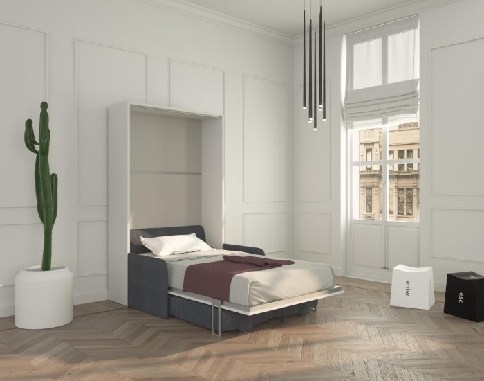 Il contenitore del divano sparisce sotto al letto a scomparsa da una piazza e mezzo