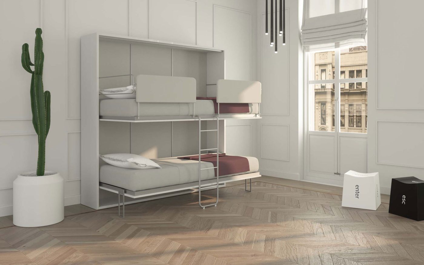 Il letto a castello a scomparsa aperto con scaletta e comodi materassi