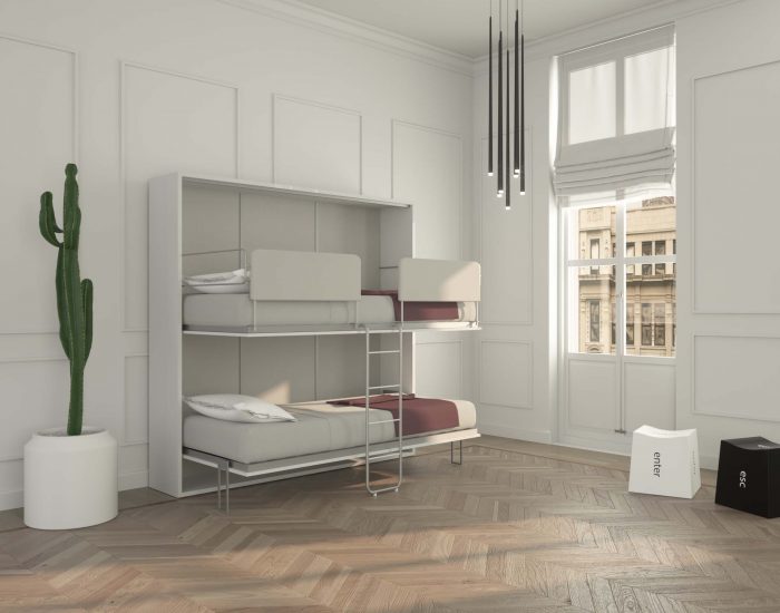 Il letto a castello a scomparsa Cloud 90 aperto con entrambe le reti e la scaletta