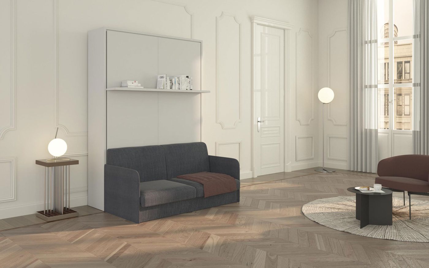 Il letto a scomparsa con divano automatico chiuso con mensola a vista