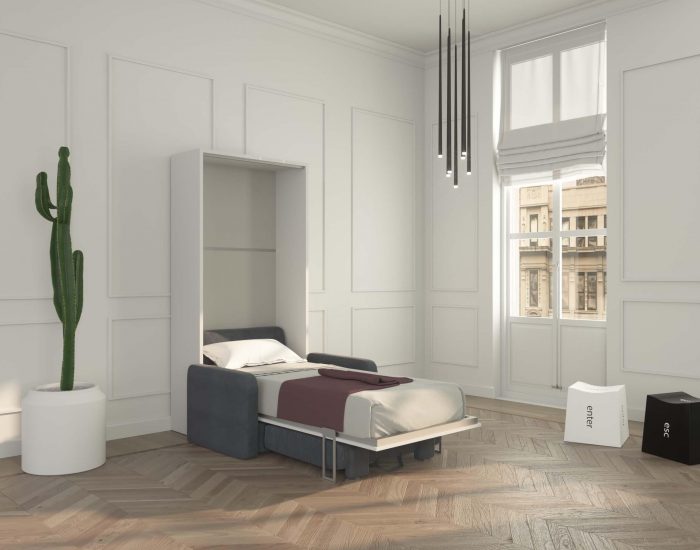 Piuma Sofa 90 ĆØ un comodo letto singolo a scomparsa con divanetto contenitore