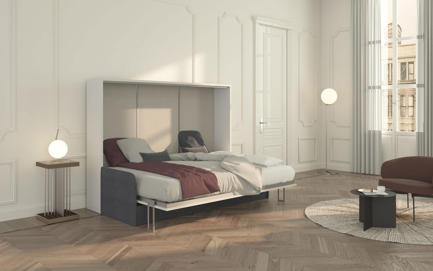 Letto alla francese a scomparsa aperto orrizzontale su divano quattro posti