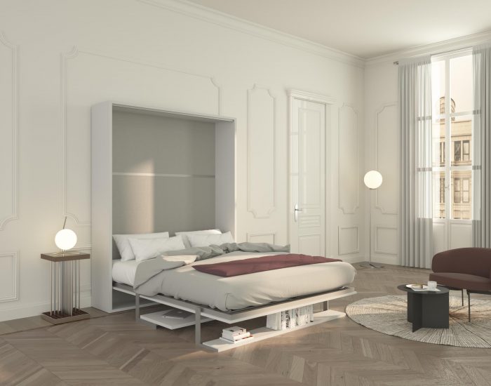 La scrivania e il ripiano del letto matrimoniale a scomparsa Cielo 160 si piegano in modo autonomo finendo sotto al letto