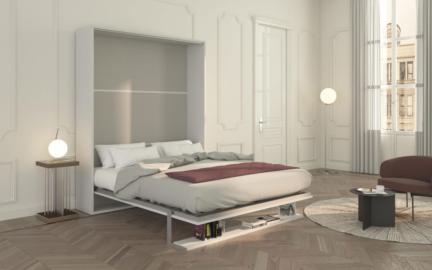 Il letto matrinoniale Velo Uno 160 aperto con la mensola che si trasforma in piede