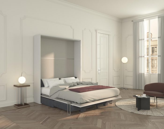 Aprire questo letto a scomparsa matrimoniale sarà semplicissimo grazie al divano contenitore