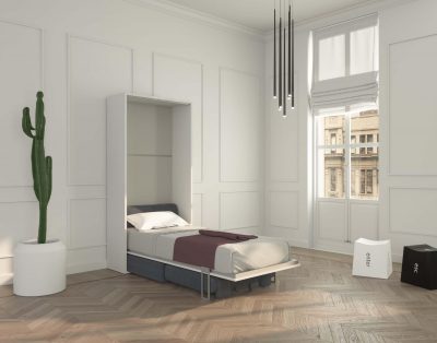 Letto singolo a scomparsa verticale con poltrona contenitore