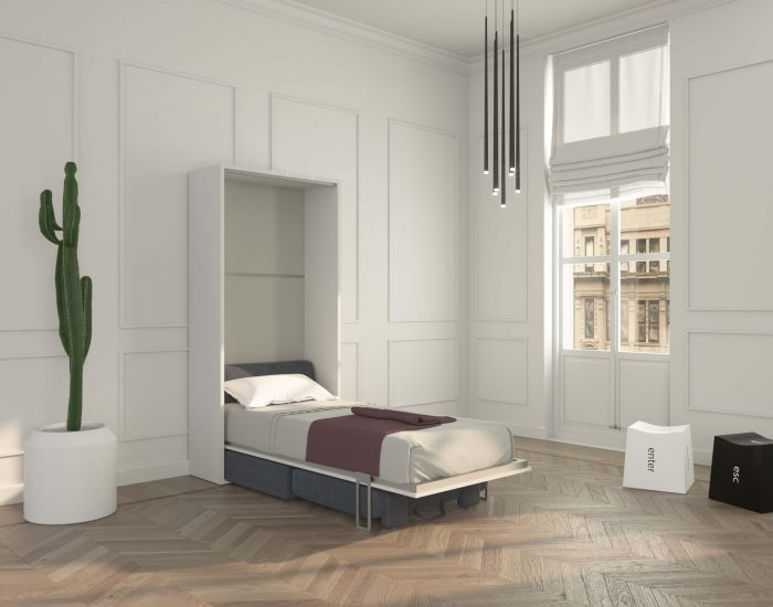 Letto singolo a scomparsa verticale con poltrona contenitore