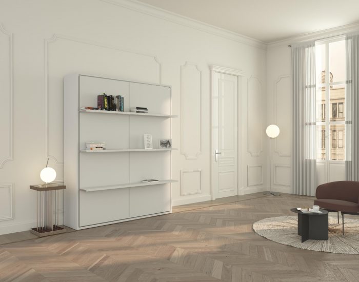 Velo Tre 160 è un letto matrimoniale a scomparsa nascosto in una elegante libreria con 3 piani