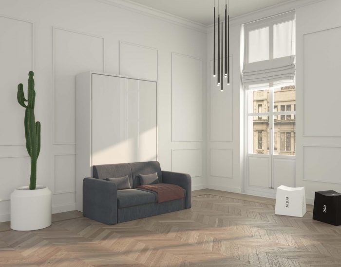 Letto a scomparsa con divano due posti e rete in doghe larga 120 cm