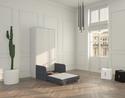 Il vano contenitore della poltrona può contenere cuscini e coperte del letto a scomparsa