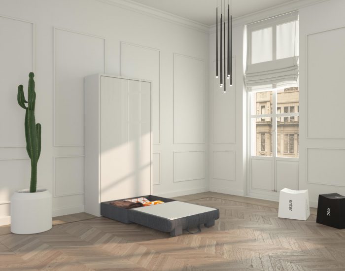 Piuma Sofa 90 ĆØ un letto singolo a scomparsa con poltroncina contenitore