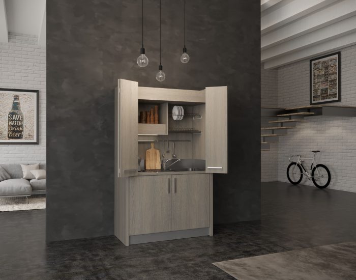 Mini cucina a scomparsa con chiusura ad ante a fazzoletto