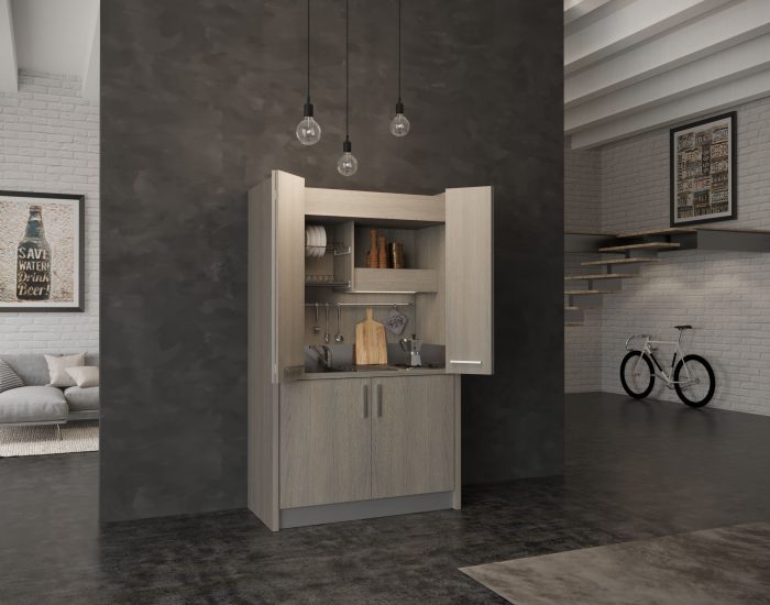 La cucina a scomparsa più discreta della linea, in soli 130cm con chiusura ad ante