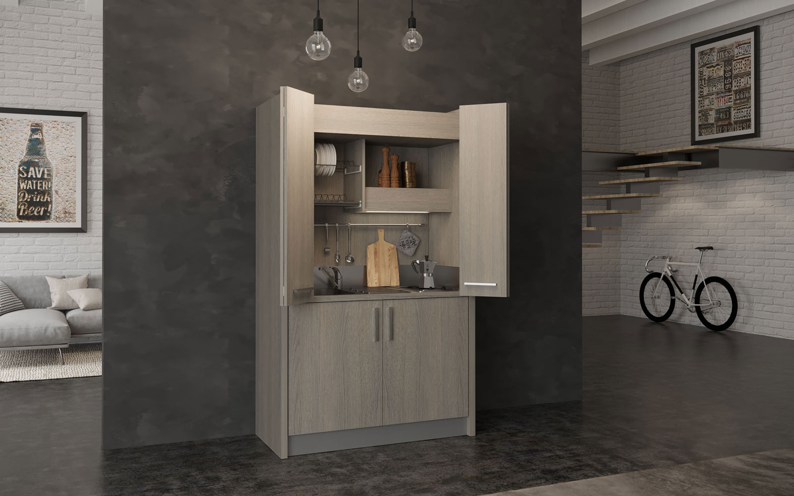 Brianza SX - Cucina a scomparsa con ante tipo armadio e mini frigo