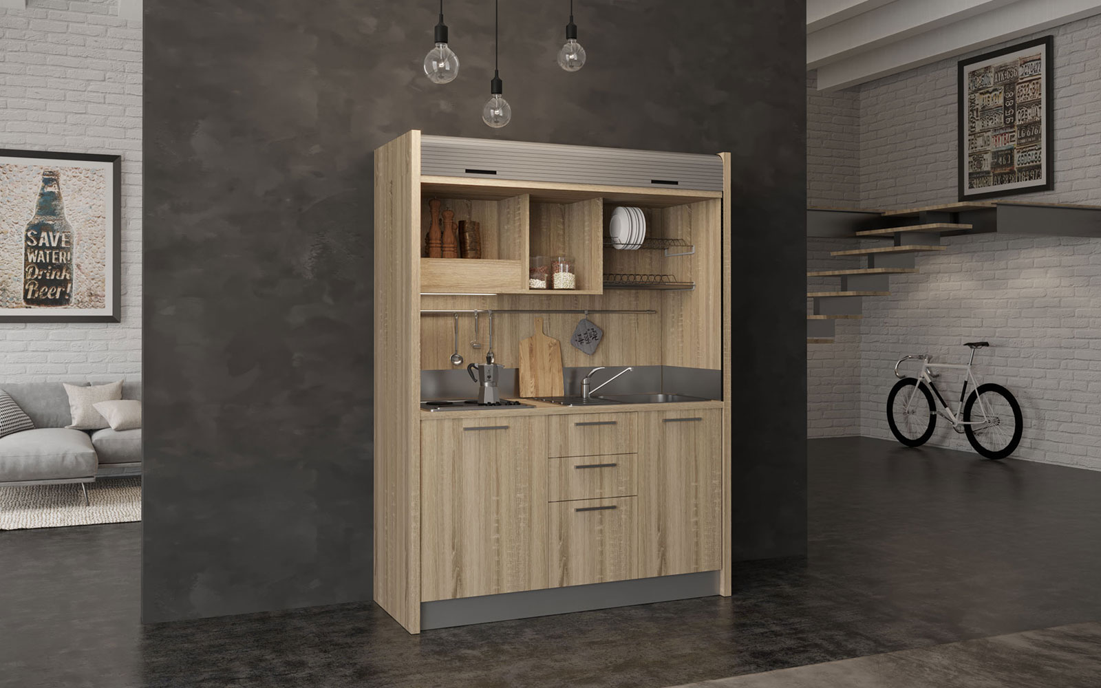 Chianti DX - Mini cucina a scomparsa in legno con chiusura a serranda