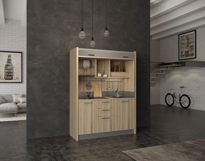 Una pratica cucina a scomparsa in meno di 160 centimetri