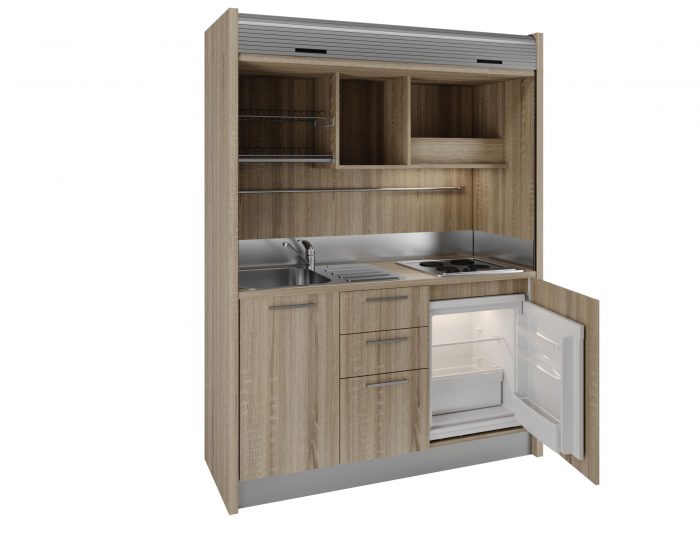 Design moderno con finiture lignee per questa mini cucina con serranda