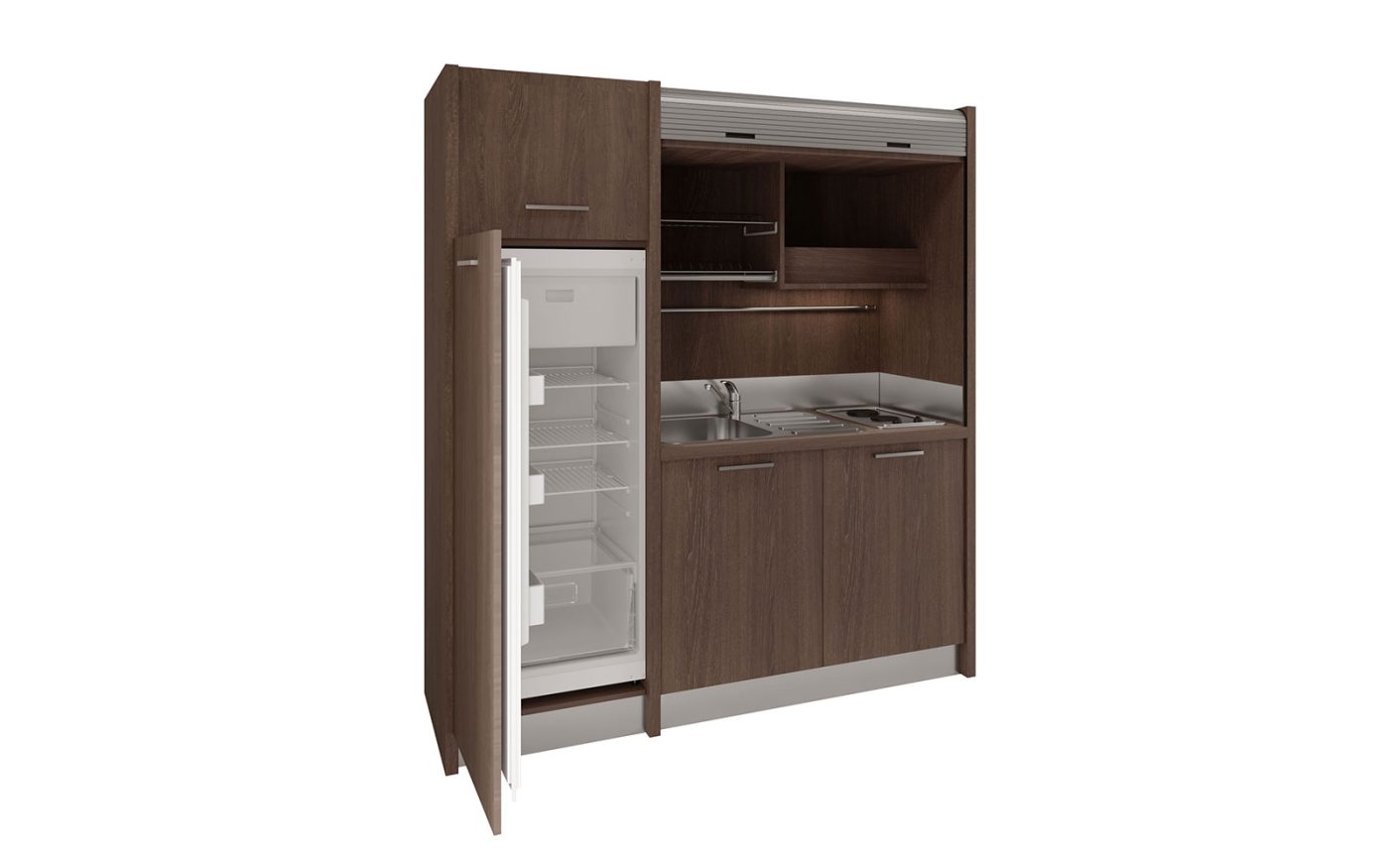 Conero - cucina monoblocco con colonna frigo in legno scuro