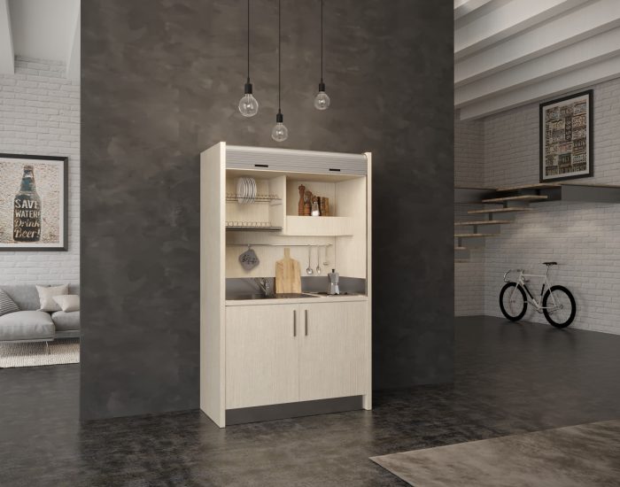 Ergonomia e praticità per questa mini cucina monoblocco a scomparsa
