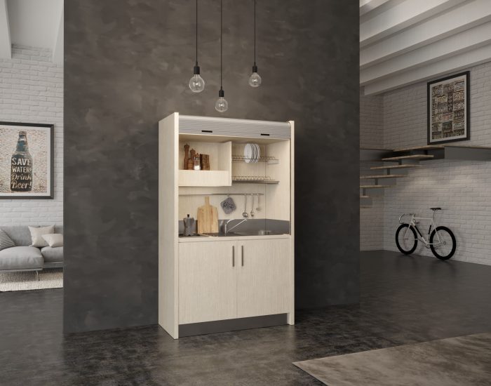 La cucina a scomparsa per piccoli spazi completa di tutto