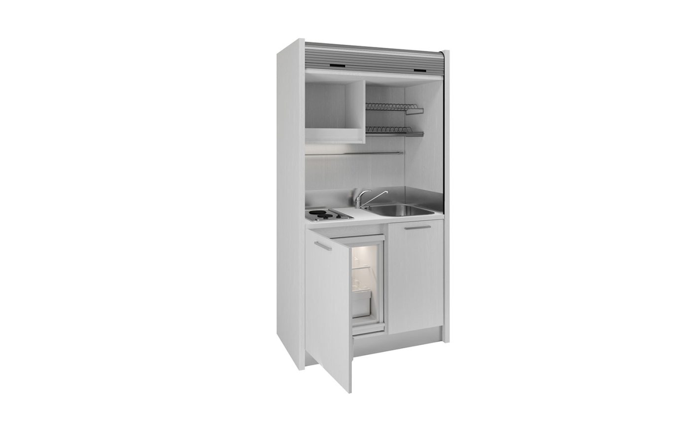 Tuscia 42 cucina a scomparsa con serranda aperta con mini frigo