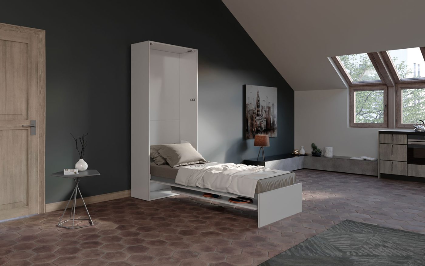 Letto a scomparsa con tavolo basculante per monocamera o monolocale