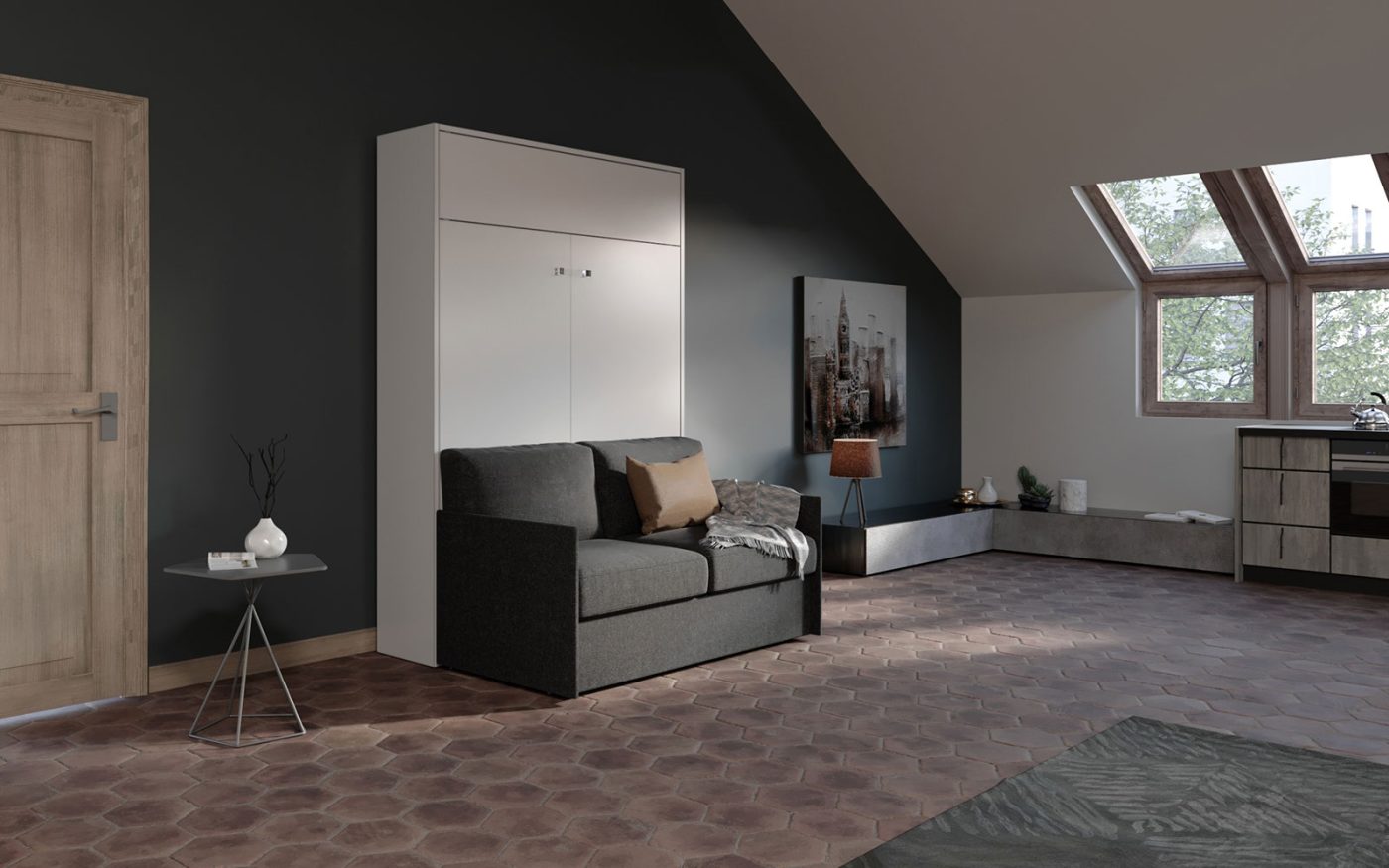 Letto a scomparsa alla francese con divano a movimento automatico