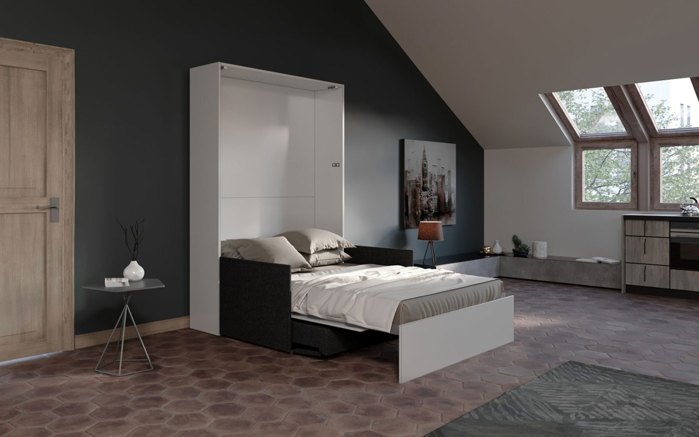 Letto alla francese a scomparsa con divano salvaspazio automatizzato