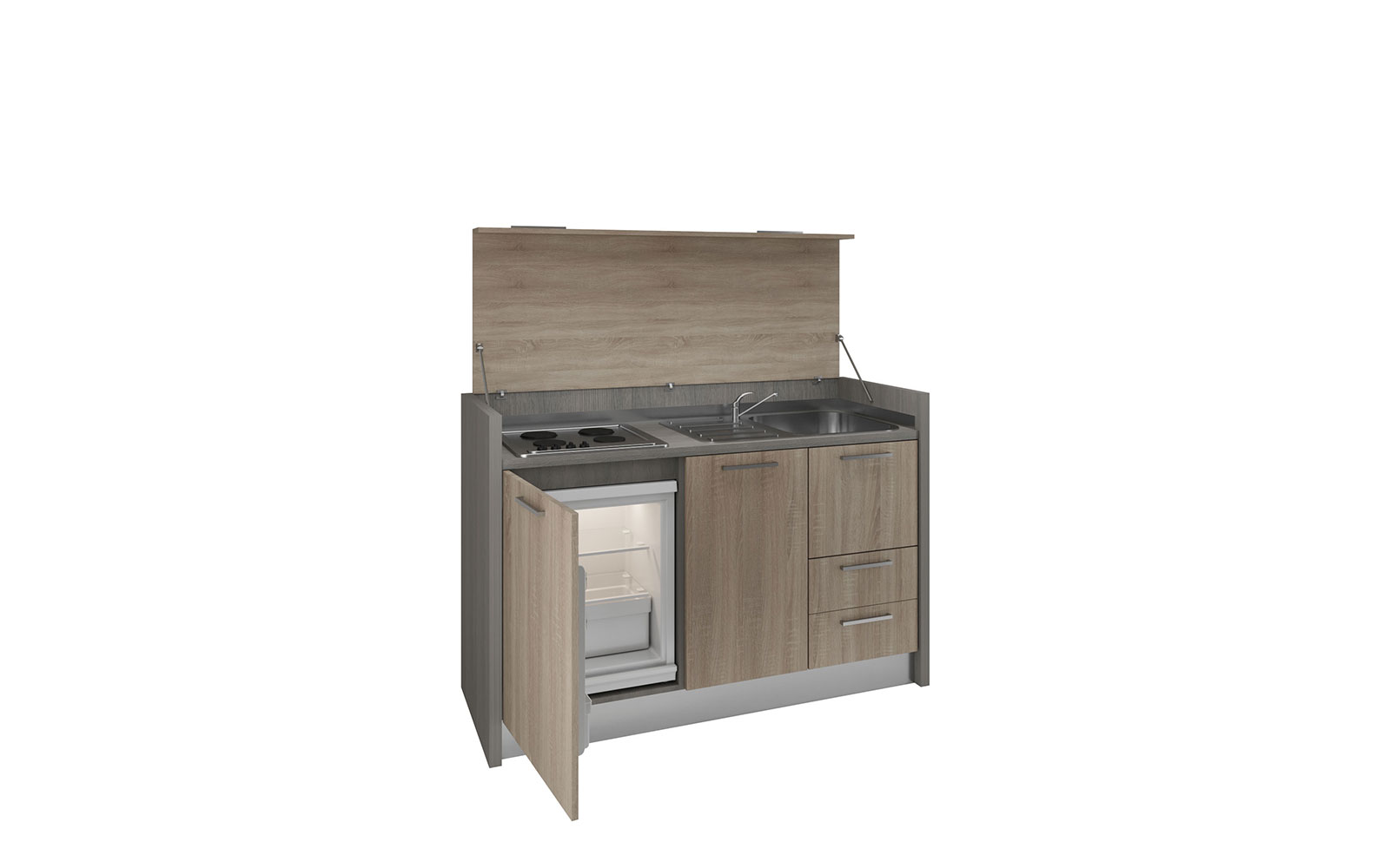 Cilento - Mobile cucina a scomparsa con piano 4 fuochi, frigo e lavabo in  106cm di altezza