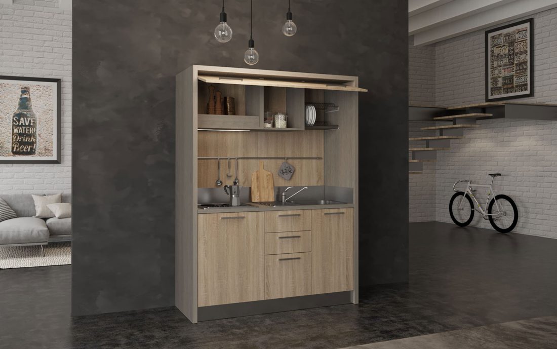 Cucina monoblocco con mini frigo e piano cottura elettrico o a gas