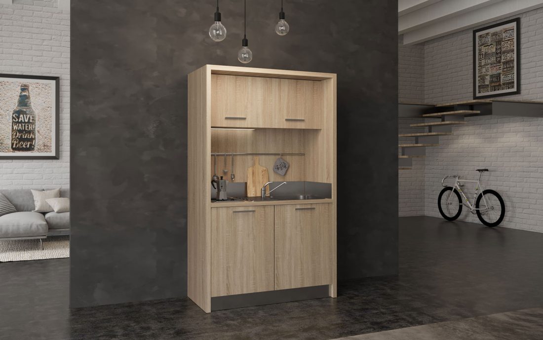 Mini cucina da 1 metro e 30 con frigo bar e fornelli per residence