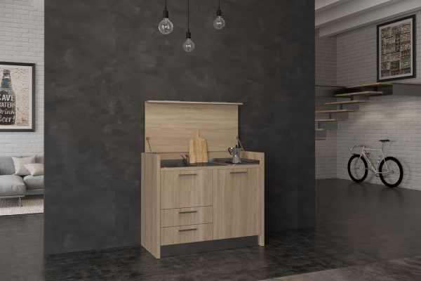 Mini cucina a scomparsa a isola larga 1 metro e 30 con coperchio di chiusura
