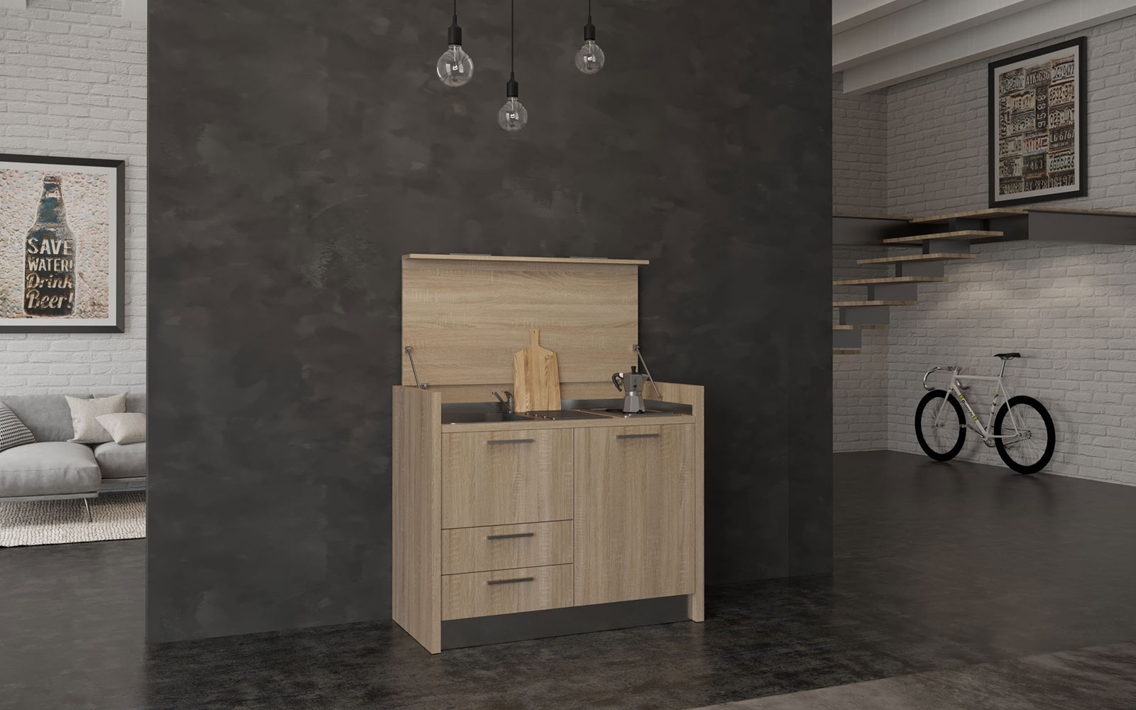 Marsica - Mini cucina isola a scomparsa con induzione e frigo alta 106cm