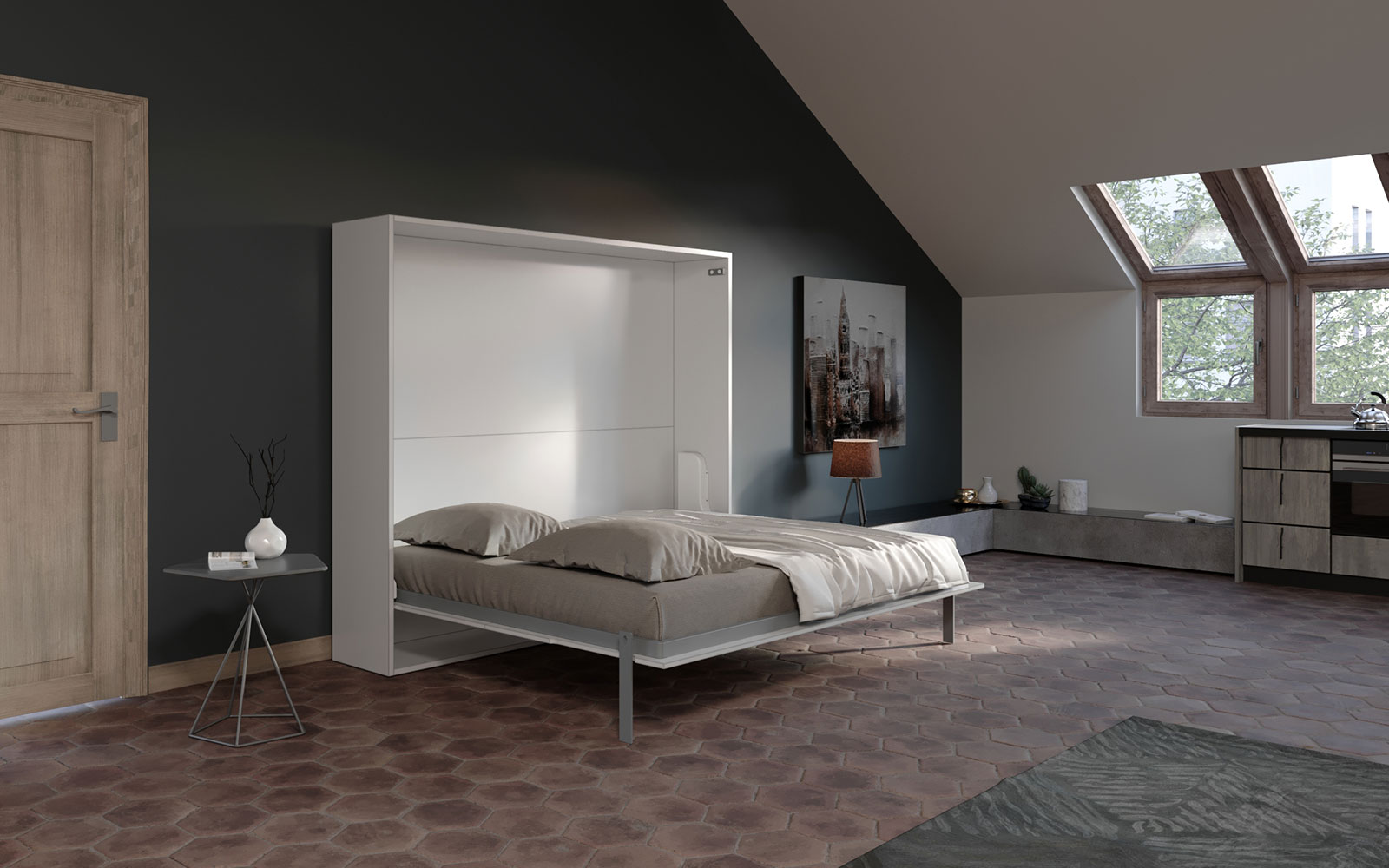 Soffio Desk 160 – Letto orizzontale a scomparsa con scrivania