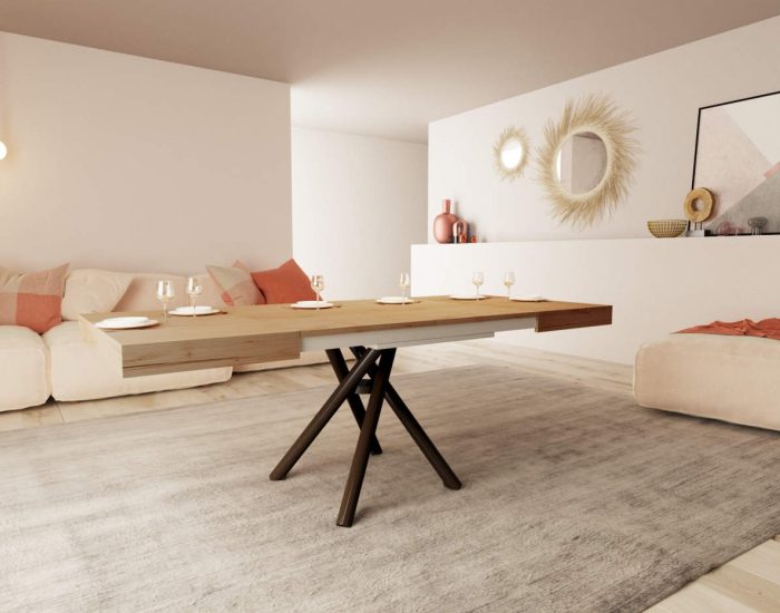 Tavolino salotto che si trasforma in tavolo grande