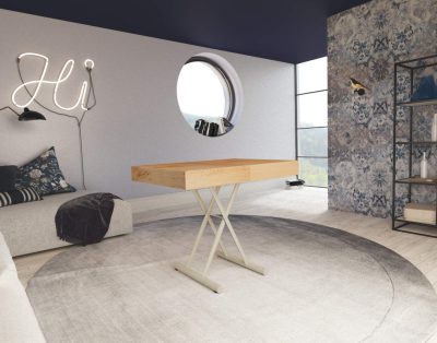 Tavolo abbassabile e allungabile in legno chiaro