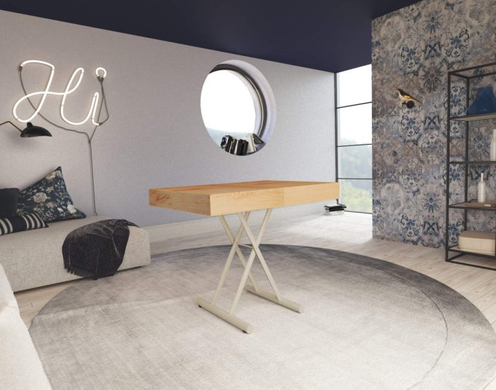 Tavolo abbassabile e allungabile in legno chiaro